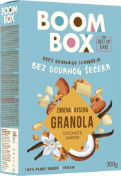 ovsena granola, kokos, mandelj, bela čokolada in vanilija, boom box, 300 g
