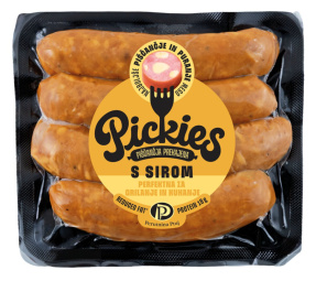 prekajena piščančja klobasica s sirom, pickies, pakirana, 210 g
