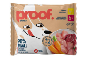 mokra hrana za pse, piščanec v korenčkovi omaki, piščanec in govedina v brusnični omaki, proof, 4 x 100 g