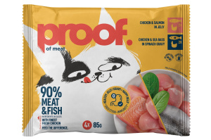 mokra hrana za mačke, piščanec in losos v želeju, piščanec in brancin v špinačni omaki, proof, 4 x 85 g
