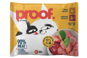 mokra hrana za mačke, piščanec v želeju, piščanec in govedina v želeju, proof, 4 x 85 g
