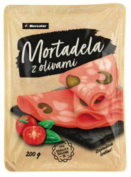narezek mortadela z zelenimi olivami, pakirano, mercator, 200 g