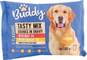 mokra hrana za odrasle pse, mix 2 okusa, buddy, 4 x 100 g
