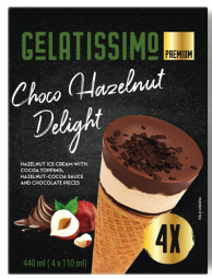 sladoled kornet, lešnik z lešnikovim polnilom in prelivom, gelatissimo, 4 x 110 ml