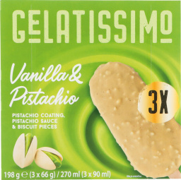 sladoled na palčki, vanilija in pistacija, gelatissimo, 3 × 90 ml
