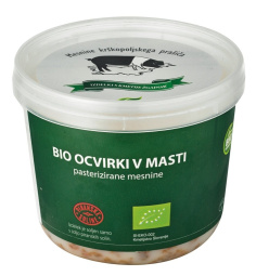 bio ocvirki v masti, izdelki s kmetije žgajnar, bio dobrote, pakirano, cena za kg