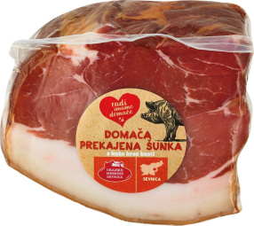 domača prekajena šunka brez kosti, s kožo in slanino, kz sevnica, pakirano, cena za kg