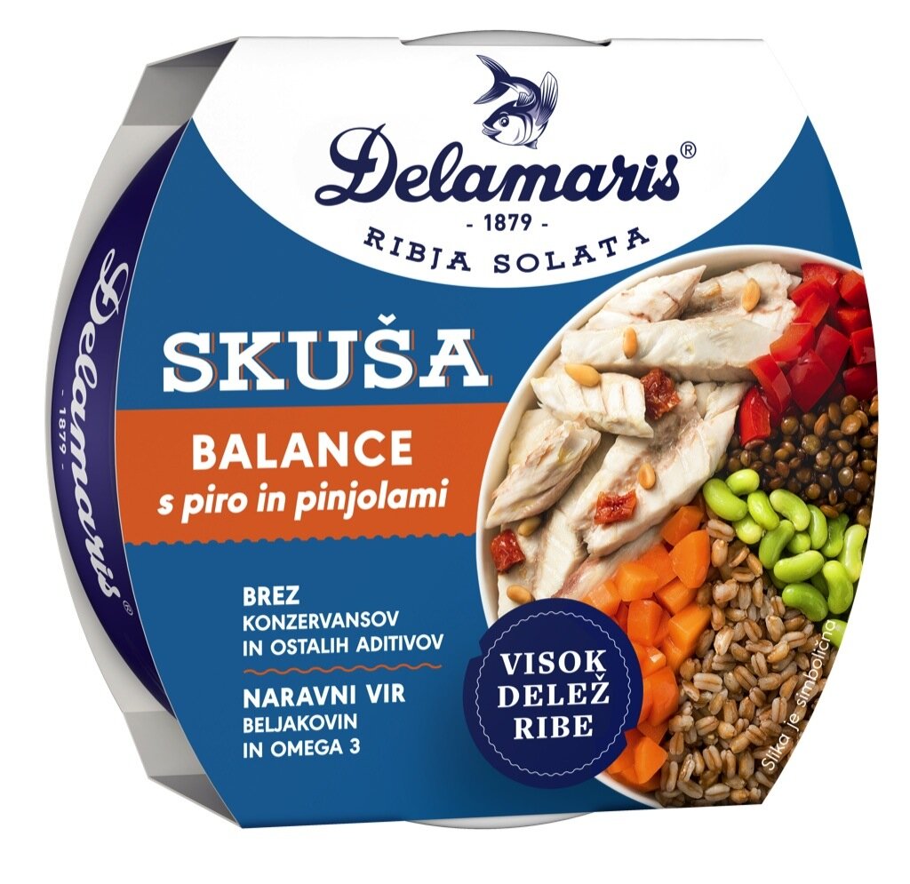 Skuša solata Balance s piro in pinjolami, Delamaris, 170 g